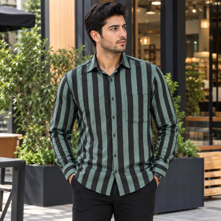 پیراهن مردانه آستین بلند طرح راه راه بنگال کشی تک جیب اسپرت سایز بزرگ