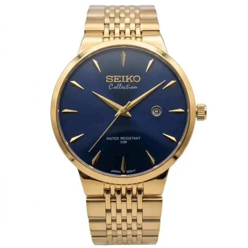 ساعت مردانه سیکو کالکشن طلایی صفحه سرمه ای موتور کوارتز ژاپن تقویمدار