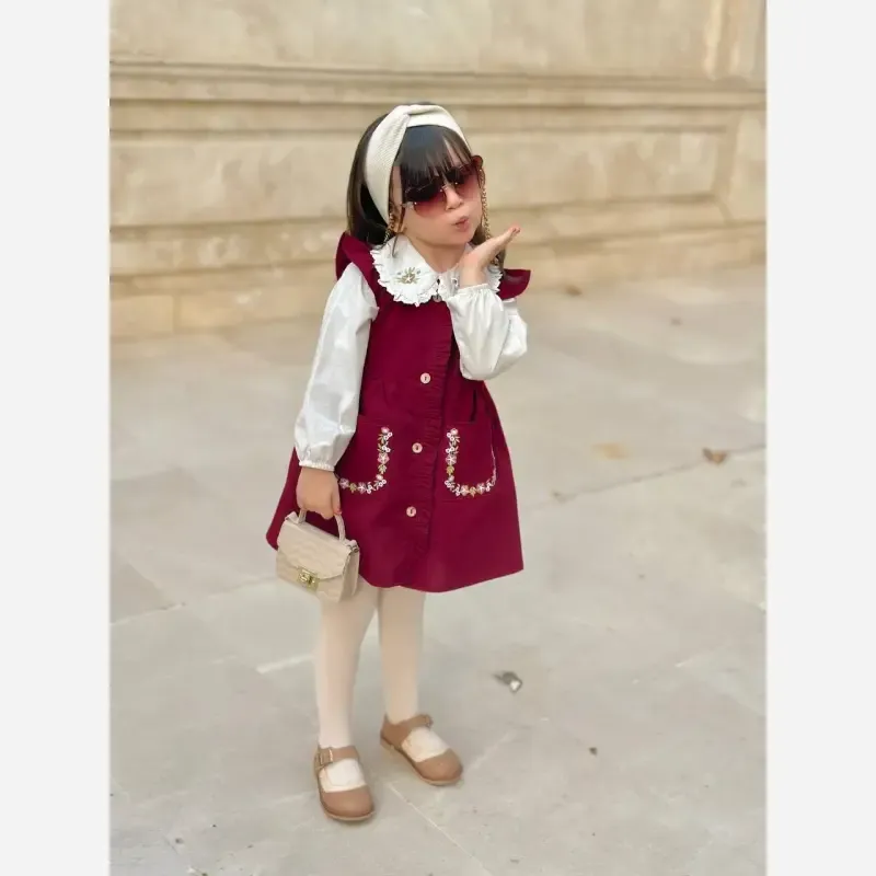شومیز سارافون دخترانه لینن کتان زرشکی مناسب 3 تا 9 سال ست دو تیکه گلدوزی شده