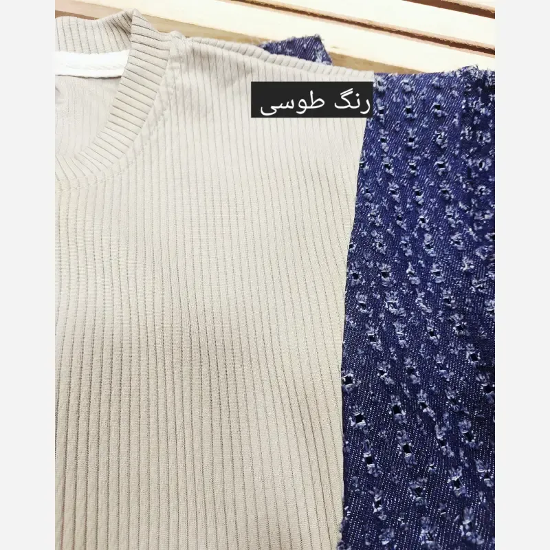 ست بلوز و شلوار ترکیبی جین و کبریتی بچگانه مناسب 4 تا 13 سال رنگبندی طوسی کرمی یشمی